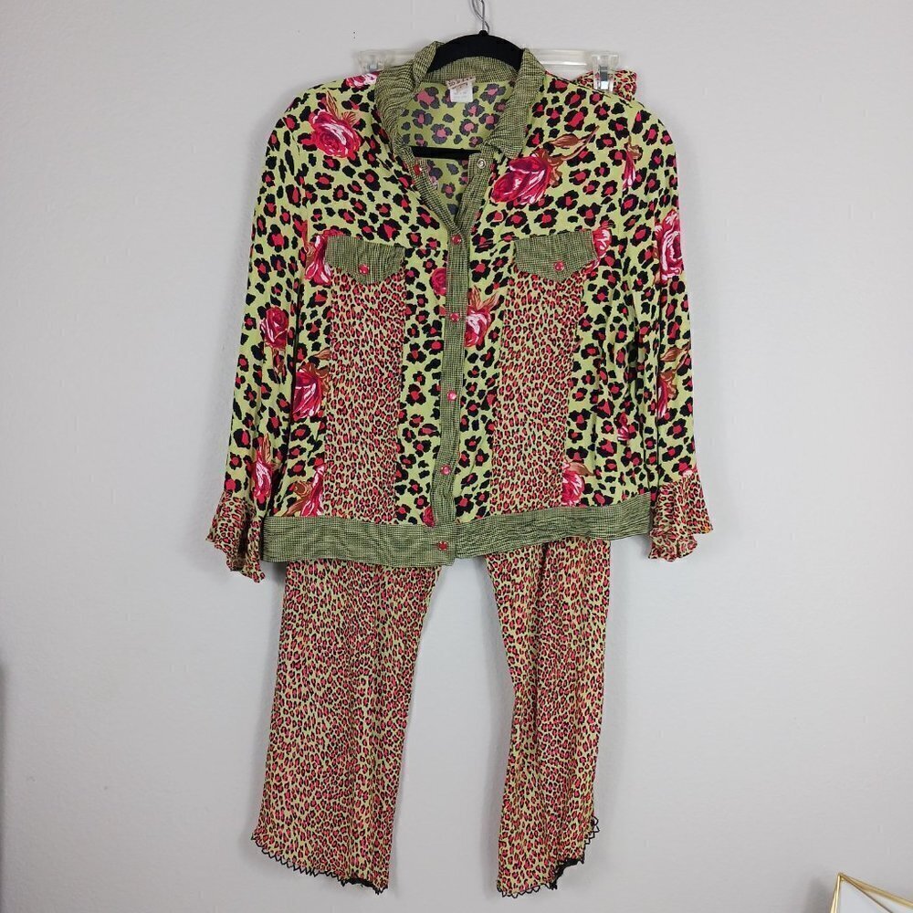 F.L MALIK vintage matching set women's size L green/pink animal print floral - Picture 2 of 12